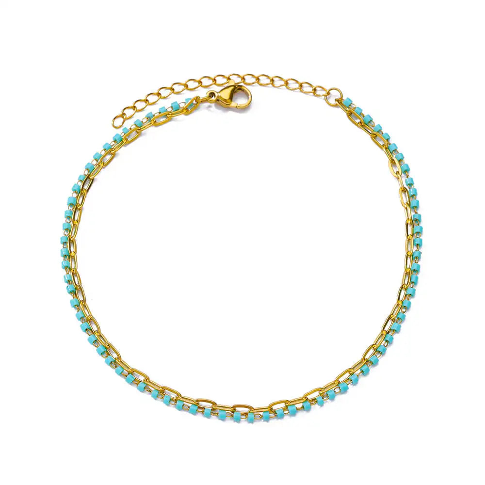 Boho drop anklet, turquoise bead double chain, gold-tone stainless steel, Varex HQ