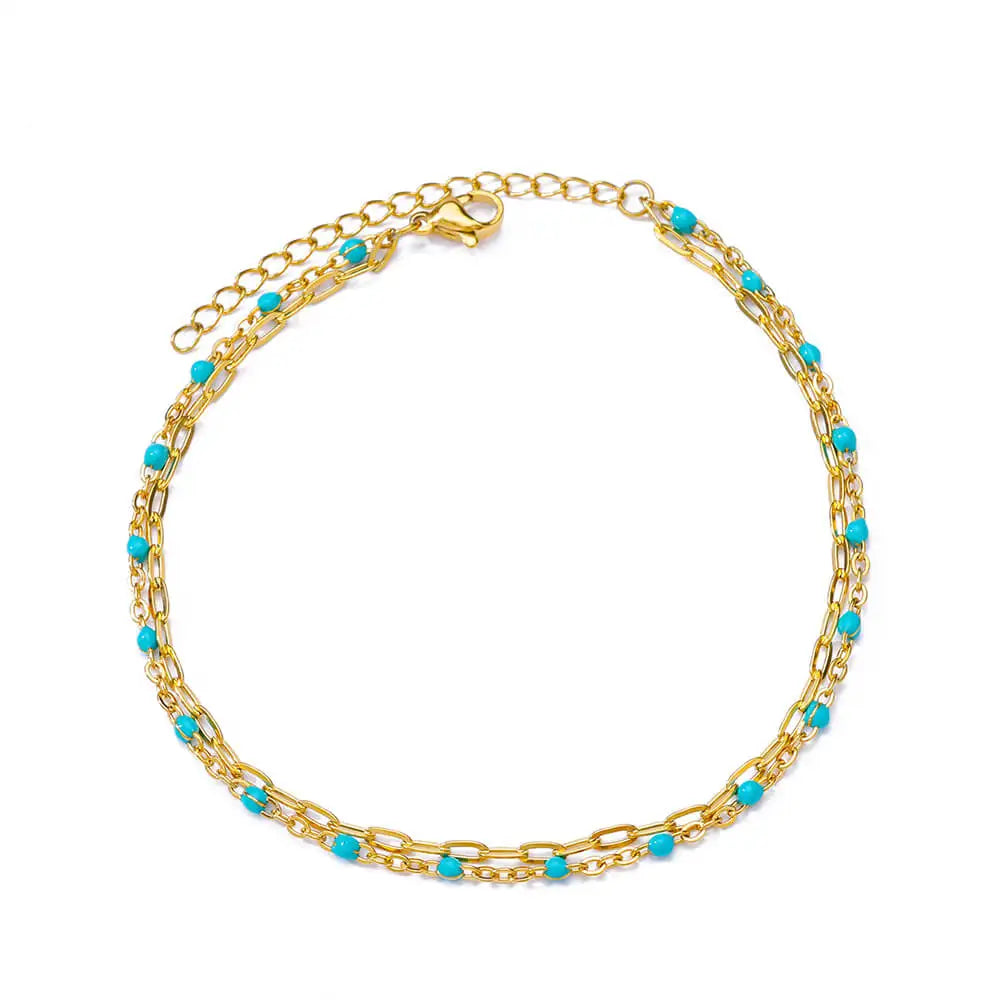 Boho drop anklet, turquoise bead double chain style 2, gold-tone stainless steel, Varex HQ