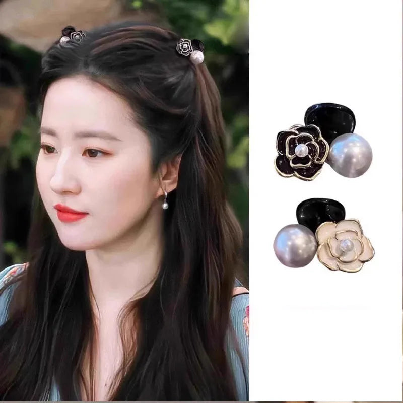 Camellia Pearl Hair Claw Clip in acrylic with faux pearl accents, front view - Varex HQ