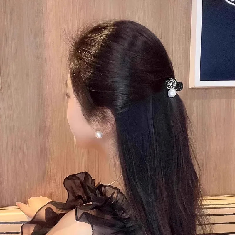 Camellia Pearl Hair Claw Clip in acrylic with faux pearl accents, worn in hair - Varex HQ