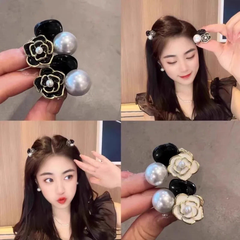 Camellia Pearl Hair Claw Clip in acrylic with faux pearl accents, close-up detail - Varex HQ