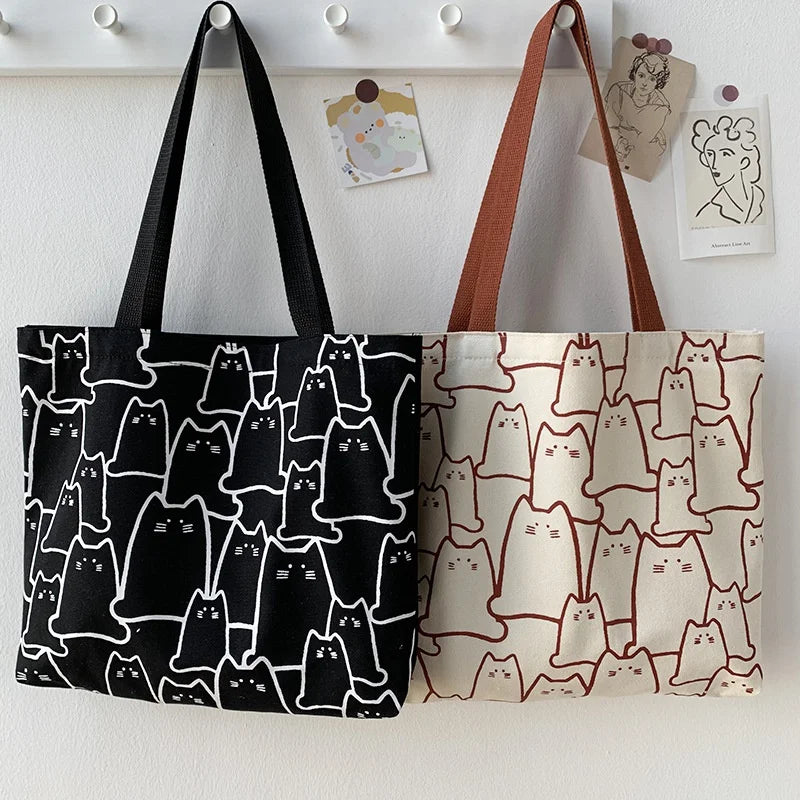 Beige cat-print canvas tote bag - close-up of cat print detailing