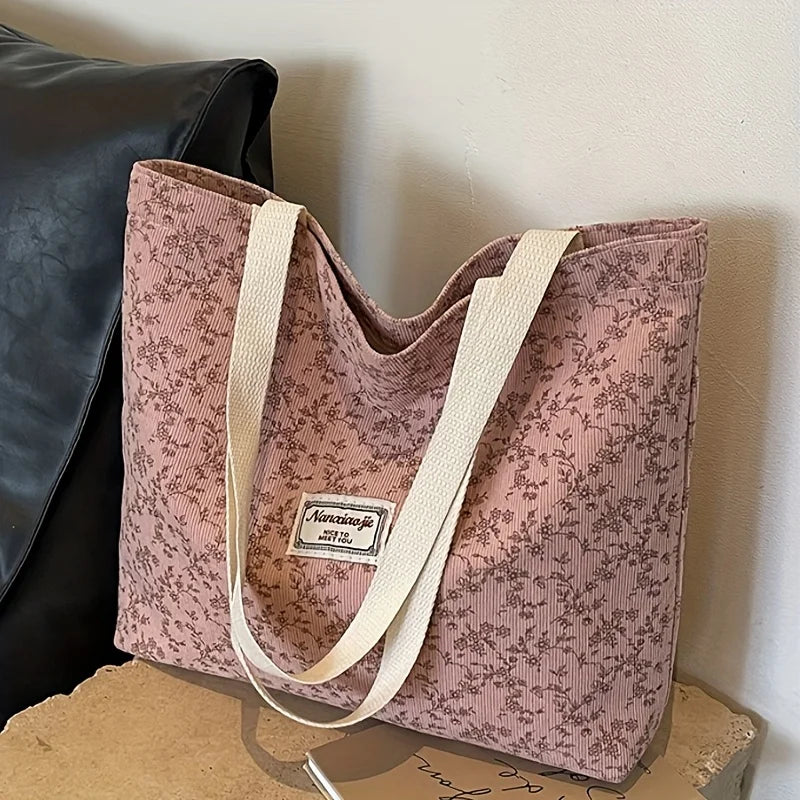 Black corduroy bohemian tote bag - back view