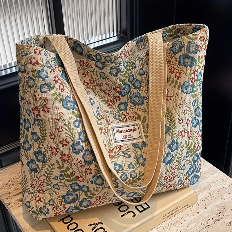 Black corduroy bohemian tote bag - front view showing ethnic-inspired pattern