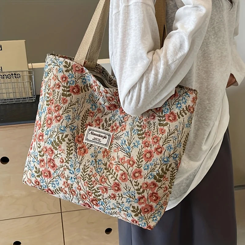 Black corduroy bohemian tote bag - interior view showing spacious compartment