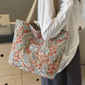 Black corduroy bohemian tote bag - lifestyle shot carried on the shoulder