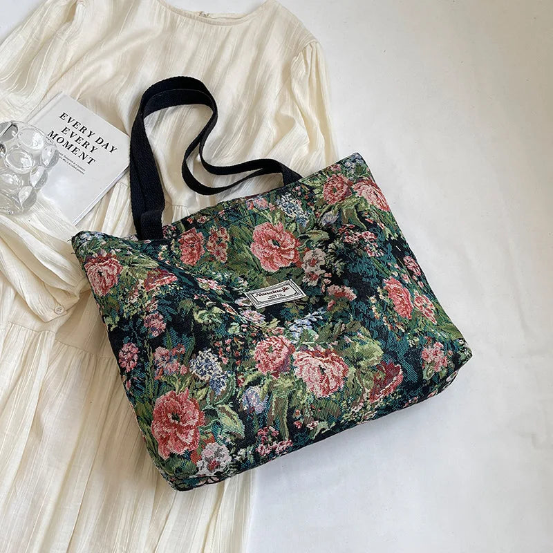 Pink corduroy bohemian tote bag - lifestyle shot worn on the shoulder