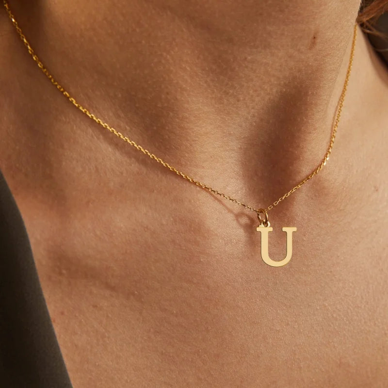 Dainty gold-tone initial pendant necklace, personalized letter charm - size and scale reference - Varex HQ