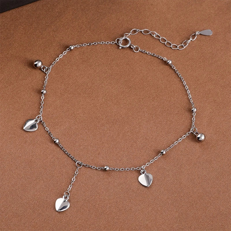 Silver-tone dazzling chain anklet, dangling heart charm chain, Varex HQ
