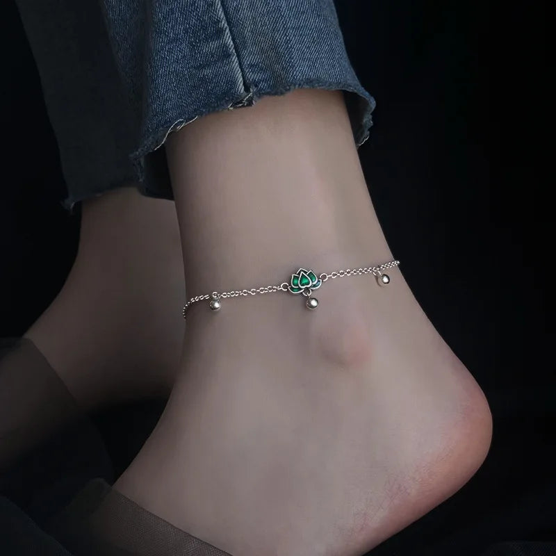 Silver-tone dazzling chain anklet, green lotus flower charm, Varex HQ