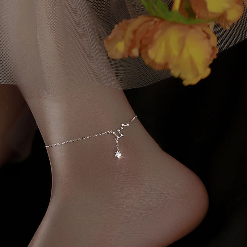 Silver-tone dazzling chain anklet, heart station chain with star charm, Varex HQ