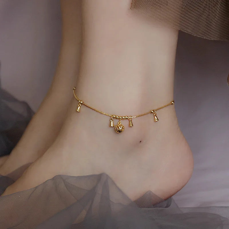 Gold-tone dazzling chain anklet, snake chain with bell charm, Varex HQ