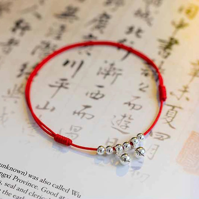 Red cord dazzling anklet with silver-tone bell cluster charm, Varex HQ