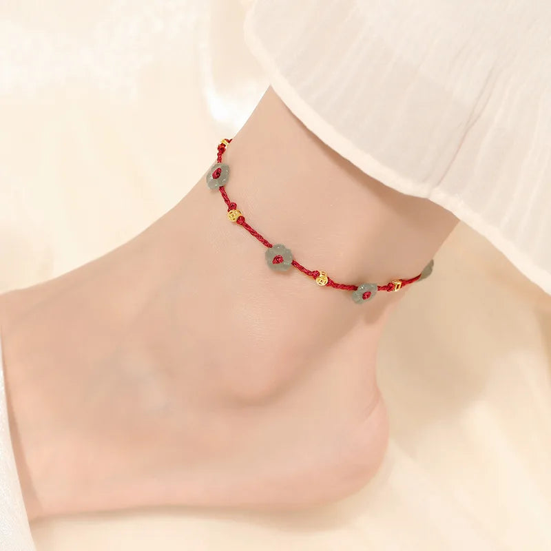 Red cord dazzling anklet with jade flower and gold bead charm, Varex HQ