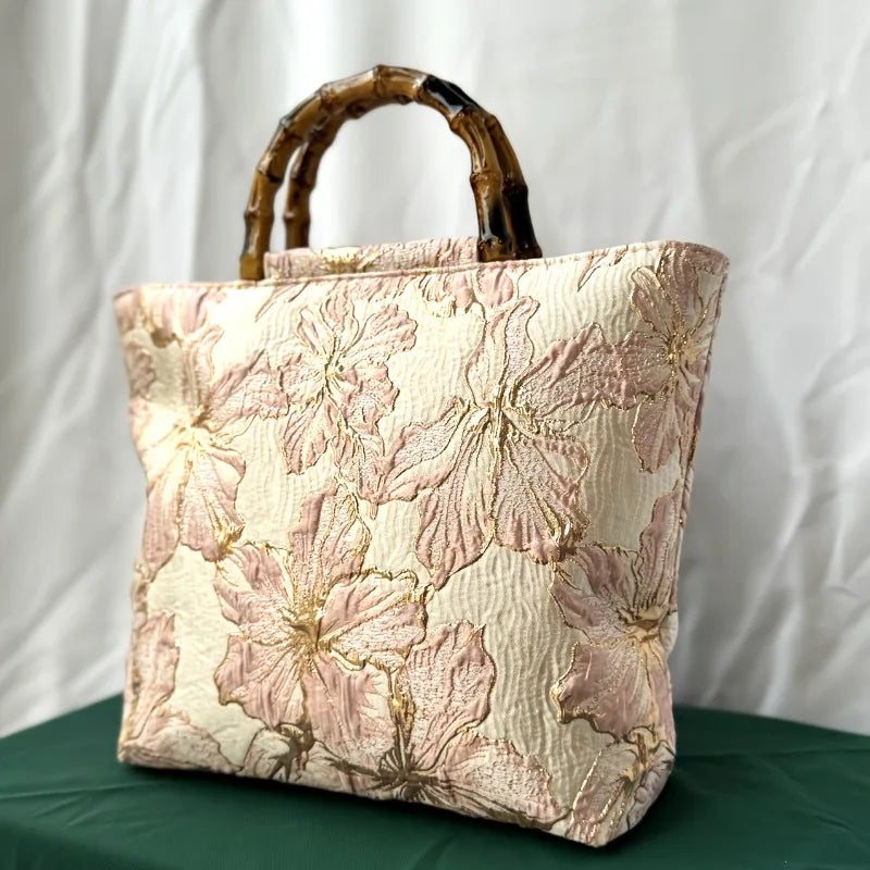 Pink embroidered canvas tote bag - interior view showing spacious main compartment