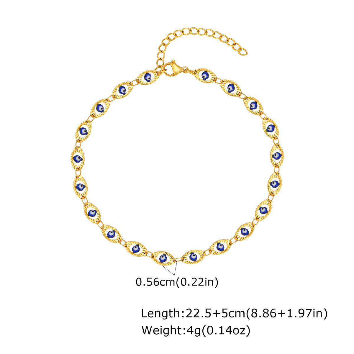Evil eye beaded anklet, close-up of blue evil eye charm, Varex HQ