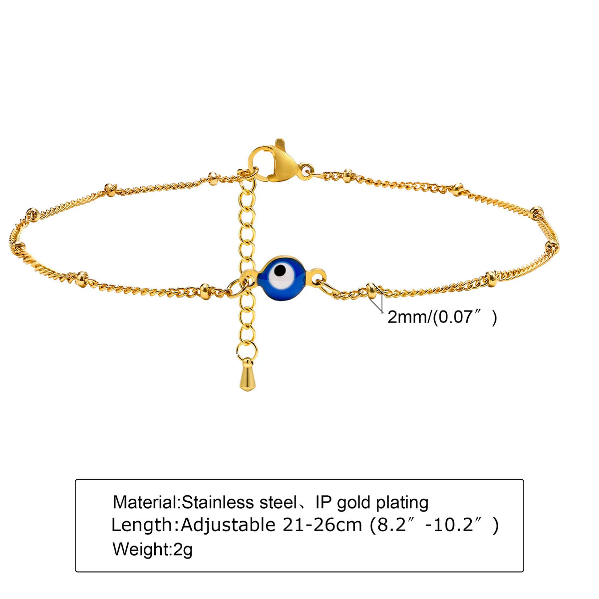 Evil eye beaded anklet worn on model's ankle, Varex HQ