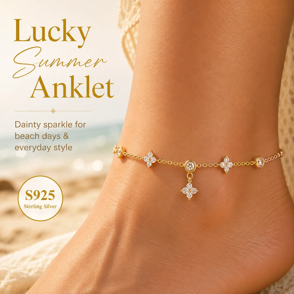 Silver-tone flower charm anklet with clear CZ detailing, Varex HQ