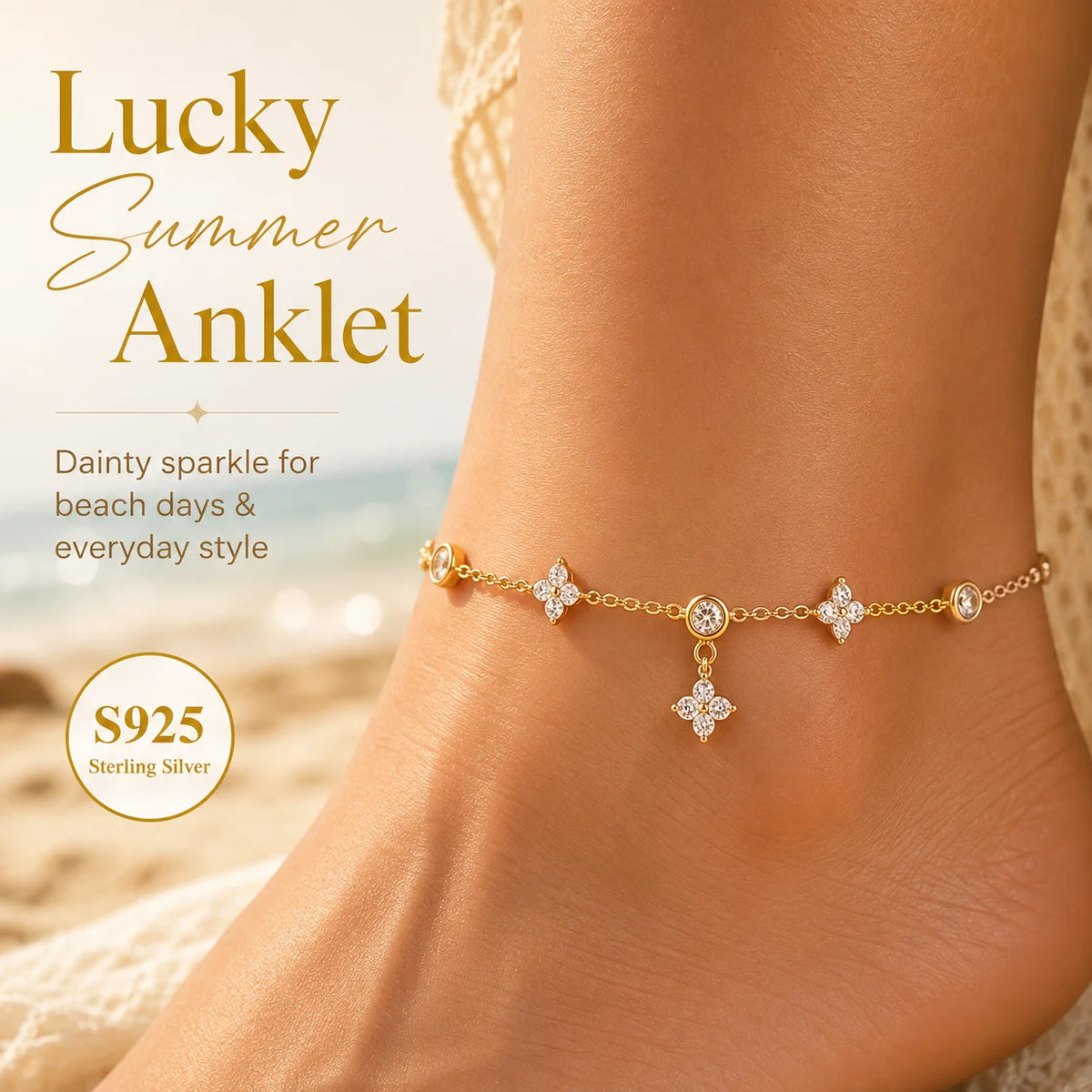 Silver-tone flower charm anklet with clear CZ detailing, Varex HQ
