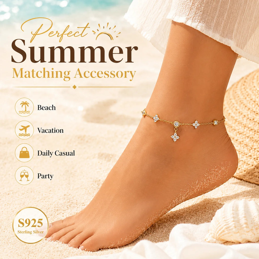 Flower charm anklet worn on model's ankle, Varex HQ