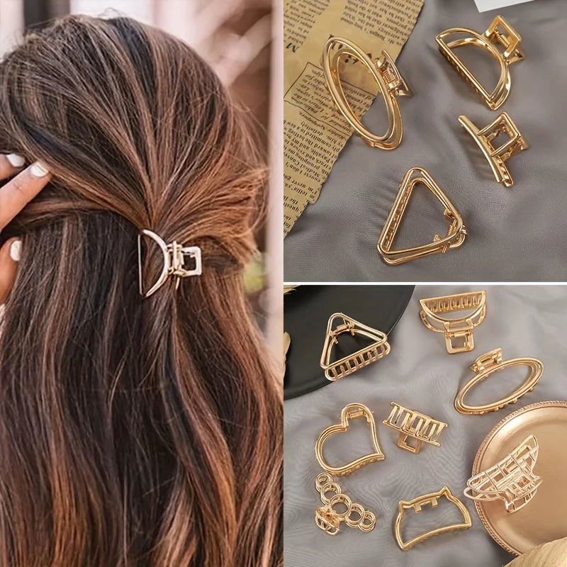 Geometric Hollow Hair Claw Clip in gold-tone metal finish, front view - Varex HQ