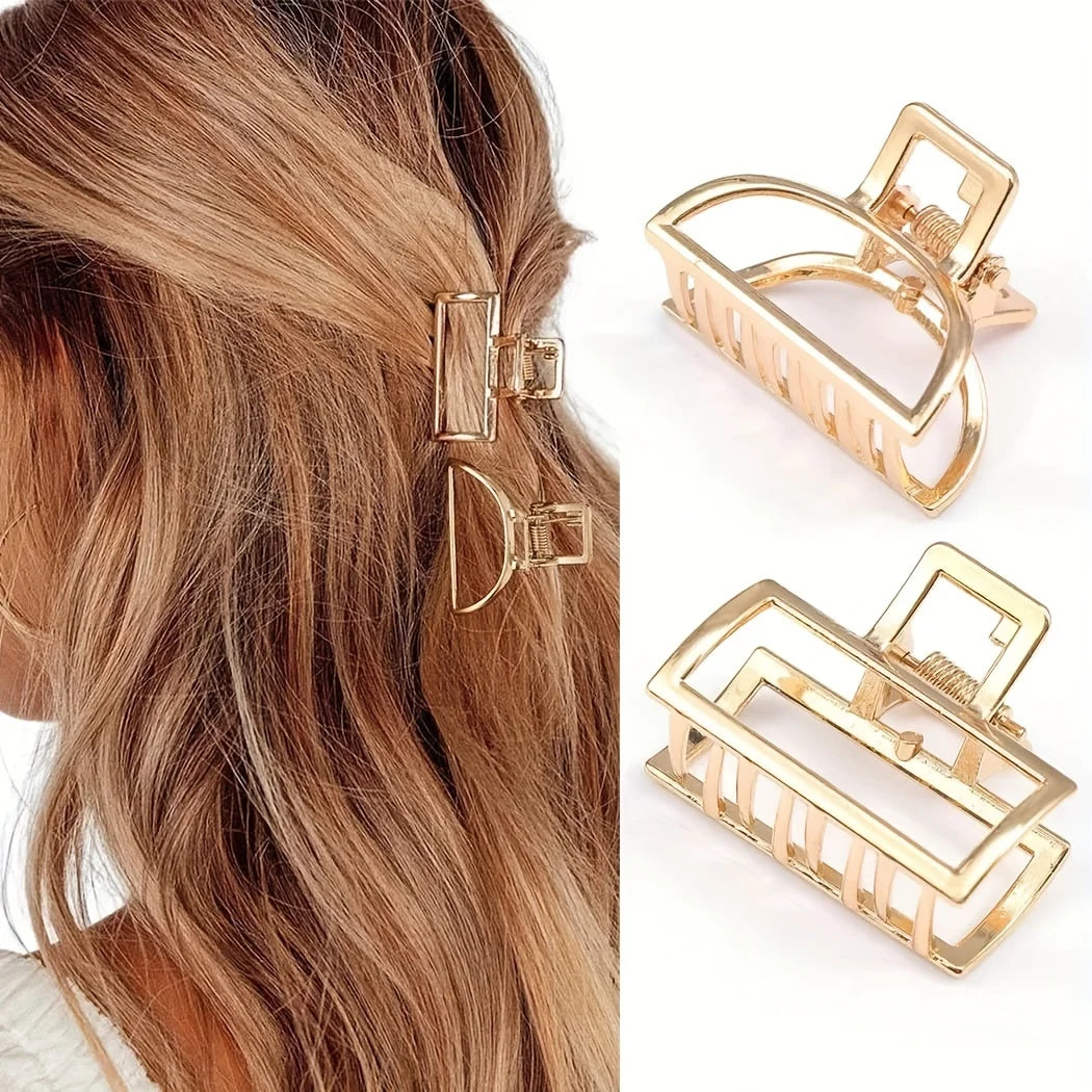 Geometric Hollow Hair Claw Clip in gold-tone metal finish, close-up detail - Varex HQ