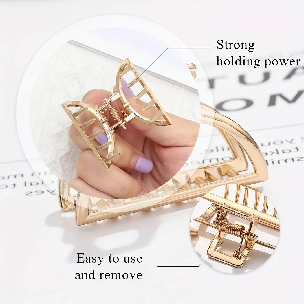 Geometric Hollow Hair Claw Clip in gold-tone metal finish, colour and finish detail - Varex HQ