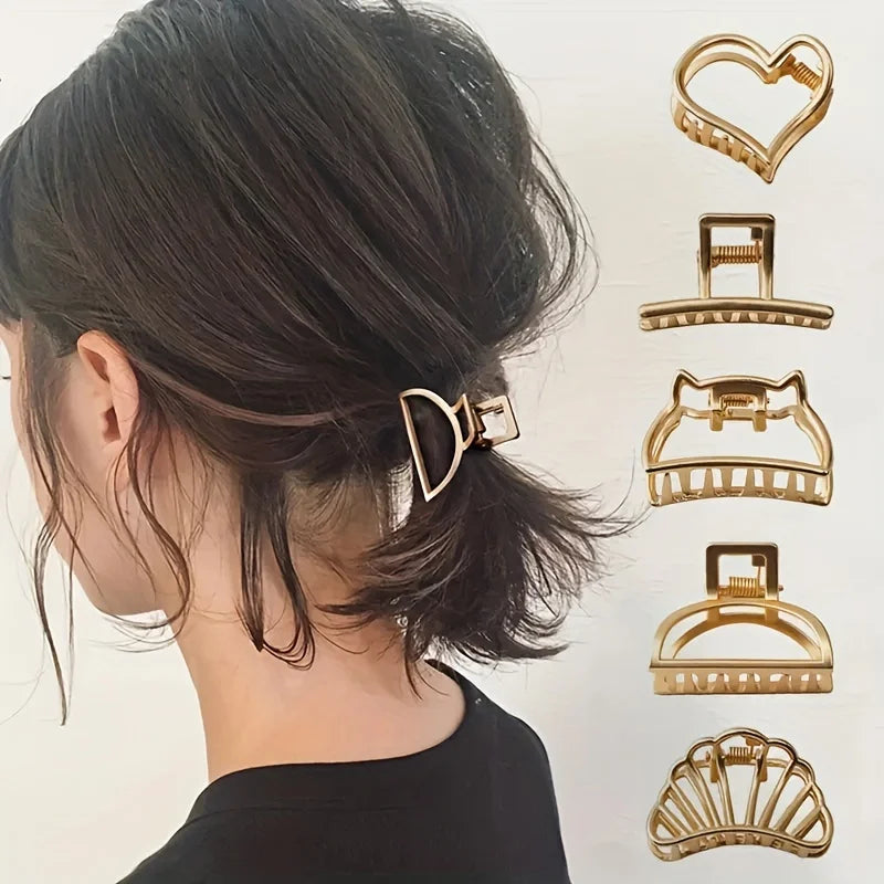 Geometric Hollow Hair Claw Clip in gold-tone metal finish, packaging and set - Varex HQ