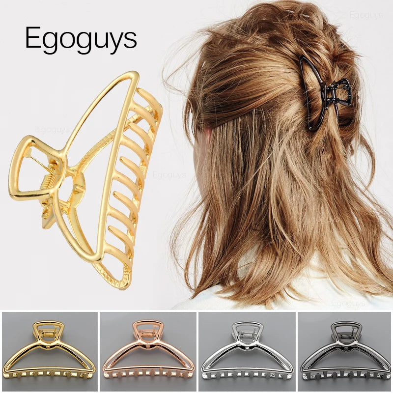 Geometric Metal Hair Claw Clip in silver, black and gold-tone metal finish, styling angle - Varex HQ