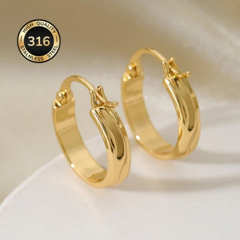 Glossy gold-plated geometric hoop earrings, front view pair - Varex HQ