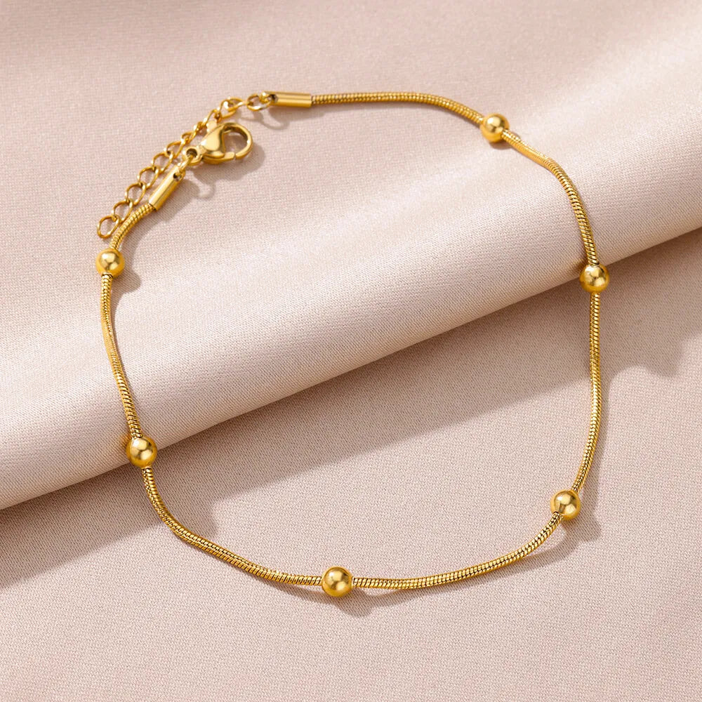 Gold-tone stainless steel beaded chain anklet for women, Varex HQ