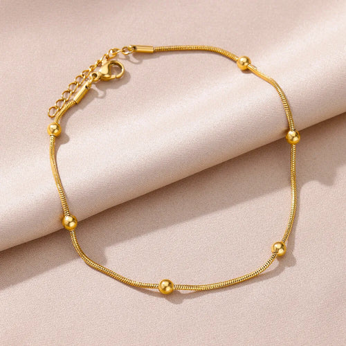 Gold-tone stainless steel beaded chain anklet for women, Varex HQ