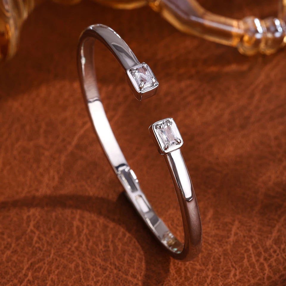 Gold geometric open cuff bangle with teardrop cubic zirconia, view 11 - Varex HQ