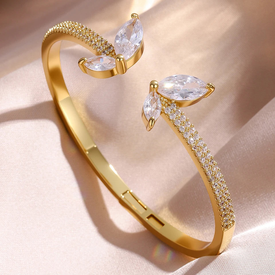 Gold geometric open cuff bangle with teardrop cubic zirconia, view 14 - Varex HQ