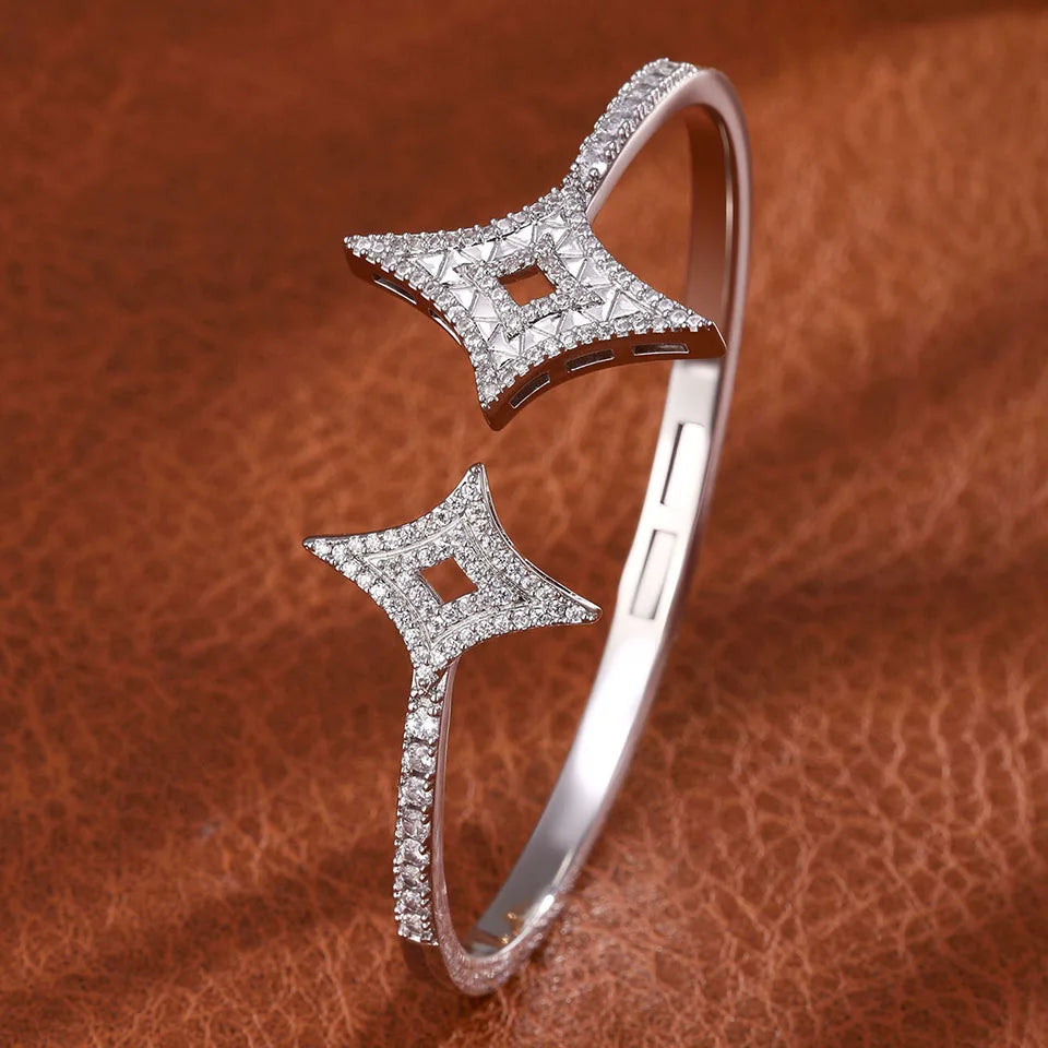 Gold geometric open cuff bangle with teardrop cubic zirconia, view 6 - Varex HQ