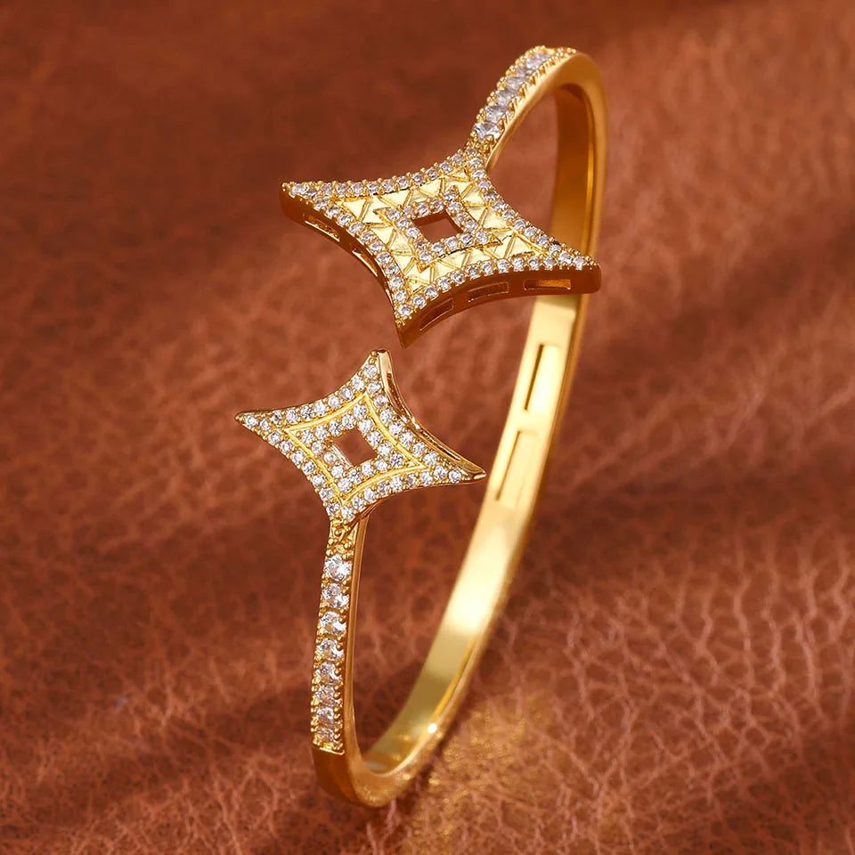 Gold geometric open cuff bangle with teardrop cubic zirconia, view 7 - Varex HQ