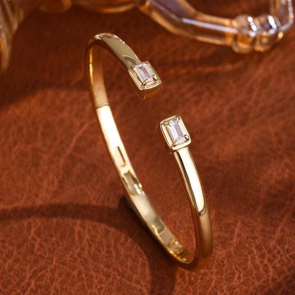 Women’s Gold-Tone Geometric Open Cuff Bangle | Teardrop & Rectangle Cubic Zirconia Bracelet, additional product photo – Varex HQ