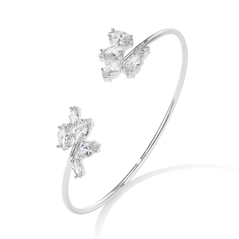Women’s Gold-Tone Geometric Open Cuff Bangle | Teardrop & Rectangle Cubic Zirconia Bracelet, Silver - Design 5 – Varex HQ