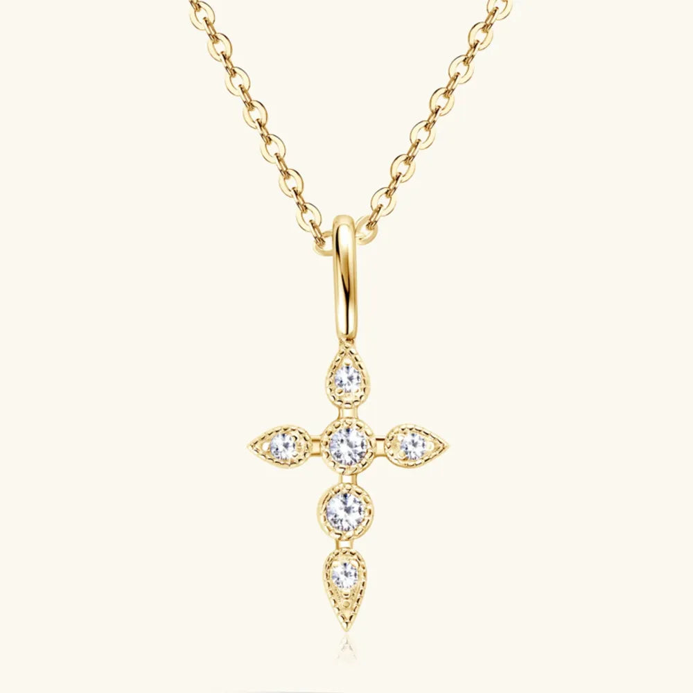 18K gold-plated 925 sterling silver moissanite cross pendant necklace front view.