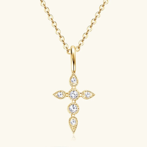 18K gold-plated 925 sterling silver moissanite cross pendant necklace front view.