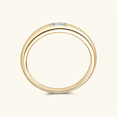 Top view of gold-plated silver ring with inlaid moissanite gemstone.