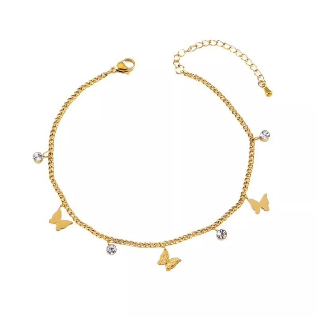 Gold-plated butterfly charm anklet on isolated white background