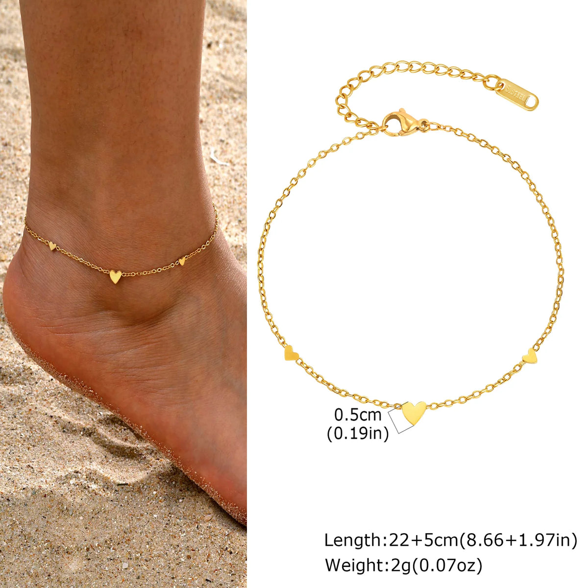 Gold-plated heart charm anklet, final product view, Varex HQ