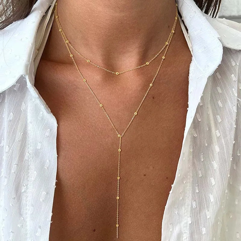 Gold-plated lariat necklace with double layered long chain drop - worn on the neck - Varex HQ