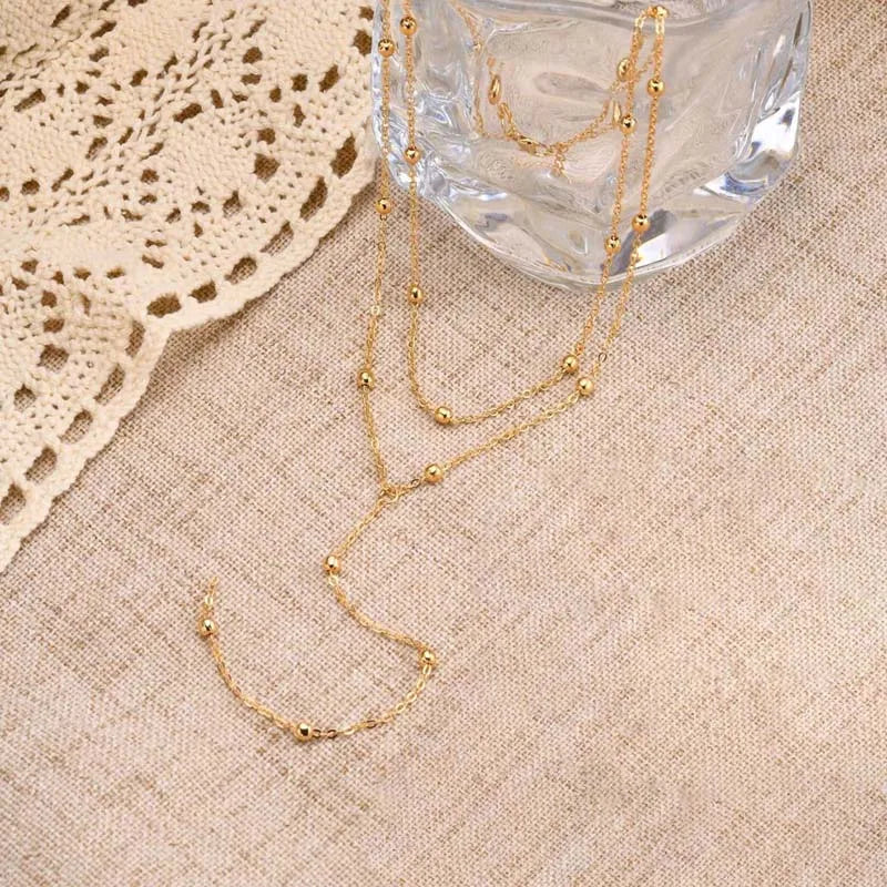Gold-plated lariat necklace with double layered long chain drop - additional angle - Varex HQ