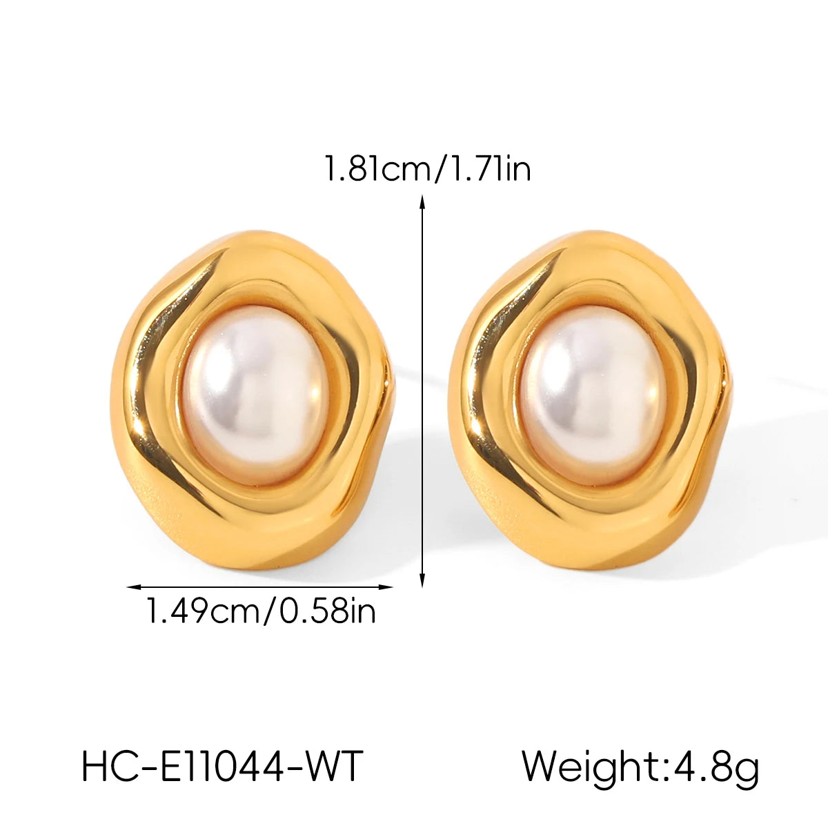 Gold-plated stud earrings with faux-pearl accent styled on model, lifestyle shot - Varex HQ