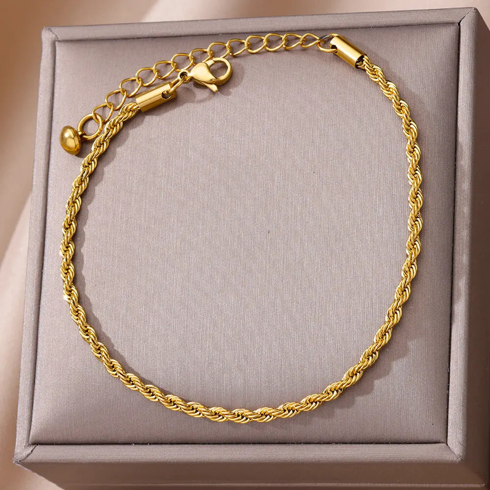 Stainless steel gold-tone rope anklet close-up, Varex HQ