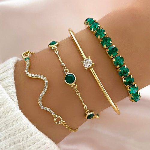 4-piece gold-tone snake and emerald crystal tennis bracelet set - Varex HQ