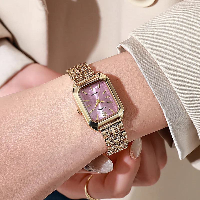 Gold-tone rectangle quartz watch, bevel-cut bezel detail