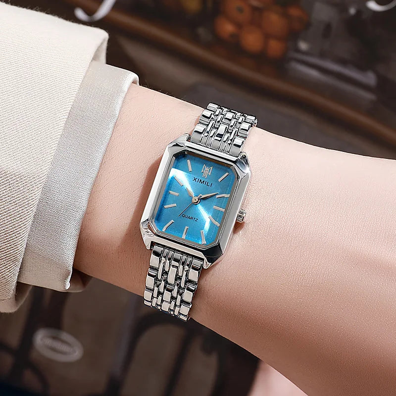 Silver-tone rectangle quartz watch, white dial variant